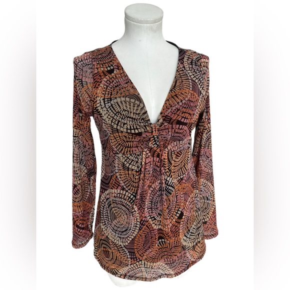 Vintage Axcess Brown/ Orange/ Pink  Sheer Sleeves Blouse Women Size M (Medium) - Picture 5 of 8